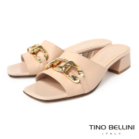 【TINO BELLINI 貝里尼】義大利進口金屬鍊飾方頭低跟涼拖鞋FSRT001(粉)