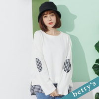 betty’s貝蒂思　手肘格子布拼接落肩T-shirt(白色)