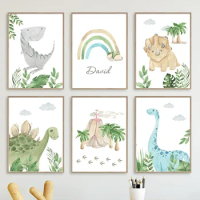 Boho Jungle Dinosaur Personalization Baby Shower Boy Name Poster Canvas Painting Wall Art Print Picture Children Kids Room Decor