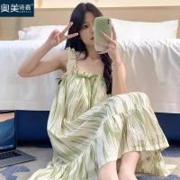 ชุดนอนสายรัด Aomei Shijia พร้อมแผ่นรองหน้าอก ชุดนอนฤดูร้อน สำหรับผู้หญิง ทำจากผ้าฝ้าย สไตล์เจ้าหญิงห