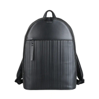 【Paul Smith】PAUL SMITH簽名銀箔LOGO小牛皮直條紋雙層拉鍊手提/後背包(黑)