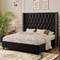 King Bed Frame, Velvet Tufted Upholstered Bed Frame with Sturdy Wooden Slats, No Springs Required, Easy To Assemble, Bed Frame