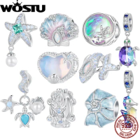 WOSTU 925 Sterling Silver Blue Ocean Charm Dreamy Sea Animals Beads Nano Opal Shell Pearl Fit DIY Bracelet Gift for Mother's Day