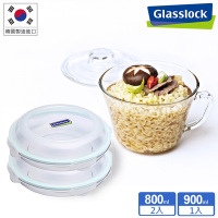 Glasslock 強化玻璃可微波泡麵碗900ml+保鮮盤800ml-三件組
