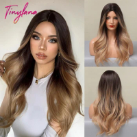 TINY LANA Synthetic Long Ombre Black Brown Blonde Big Loose Wave Wigs For Women Middle Part Cosplay 