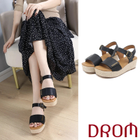 【DROM】厚底涼鞋 坡跟涼鞋/復古歐美時尚經典設計草編坡跟厚底涼鞋(黑)