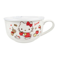 小禮堂 Hello Kitty 陶瓷單耳泡麵碗附蓋 980ml (紅白蘋果款)