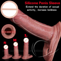 Silicone Hollow Penis Sleeve Reusable Cock Condom Realistic Dildo Extender Enlargement Ejaculation Penis Sleeve Sex Toys for Men