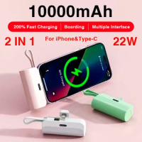10000mAh Mini Power Bank 22W Fast Charging For IPhone Samsung Huawei Xiaomi Built in Cable Portable Large Capacity Charger