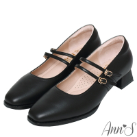 Ann’S高訂綿羊皮-雙層細帶 粗低跟瑪莉珍鞋3cm-黑