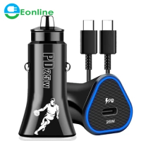 EONLINE 2IN1 3D LED PD25W Car Charger Adapter Super Quick Charge Type C Cable For Iphone 14 Pro Max Samsung Galaxy S22 A53 A22