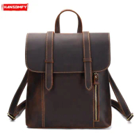 New Men's Backpack Men Laptop Shoulder Bag Travel Backpack Retro Crazy Horse Leather First Layer Leather Male Genuine Leather