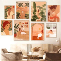 Bath Woman Reading Lesbian Boho Tropical Mountain Sun Poster Abstract Wall Art Print Canvas Painting Pictures For Bedroom Decor