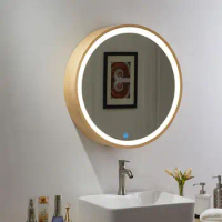 Custom round bathroom mirror cabinet with lamp solid wood smart mirror bathroom makeup wall-mounted round mirror wall-mounted
