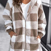 2022 Autumn Winter Plaid Faux Fur Coat Women Teddy Coat Hooded Jackets Female Furry Teddy Bear Plush Jacket Women