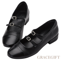 【Grace Gift】星際漫遊雙帶低跟芭蕾舞鞋 黑