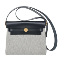 【Hermes 愛馬仕】Mini Herbag 20cm W刻 帆布斜背包(AC黑色/金釦)