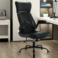 Home Office Chair, Ergonomic Desk Chair with Flip-Up Arm, Office Mesh Chair Leather Computer Chair (Black)