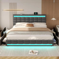 King Size Bed Frame with LED Upholstered Platform and Storage Drawers, USB Ports, Dark Grey Bed Frame
