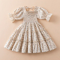 Smocked Dresses for Girls Summer 3 6 8 Yrs Casual Vacation Bohemia Dress Flower Elegant Birthday Party Princess Girl Kid's Dress