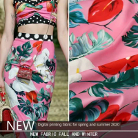 Fashion Week Show Same Paragraph Anthurium Plant Pattern Digital Printed Dress Cloth Simulation Silk Stretch Satin