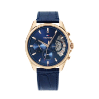 【Tommy Hilfiger】Baker系列 玫瑰金殼 藍面 三眼日期顯示 鏤空設計 深藍色皮革錶帶 手錶(1710451)