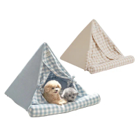 【WOOLLY】純棉格紋三角寵物窩(狗窩/貓窩/睡窩/寵物睡墊)