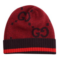 GUCCI 經典雙G LOGO條紋羊毛保暖毛帽(紅)