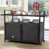 Portable Outdoor Wicker Table with Storage Cabinet, Black Glass Table Top for Patio Kitchen and Bar Cart (Dark Brown)