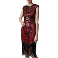 Vintage Women Party Dress Robe Femme 1920s Great Gatsby Flapper Sequin Fringe Midi Dress Vestido Autumn Art Deco Tassel Dress