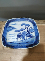 日本回流瓷器古董清代青花樹下雙駿盤，畫工發色漂亮，江戶時期老