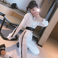 長袖褲裝兩件套女春秋矮個子顯高露臍短款衛衣時髦長褲休閒運動兩件套女【倪醬】