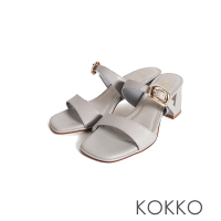 【KOKKO 集團】氣質方頭親膚綿羊皮粗高跟涼拖鞋(淺灰色)