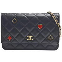 【CHANEL 香奈兒】經典雙C LOGO菱格小羊皮黑桃紅心WOC斜背包(黑色AP3076L-BLK-GP)