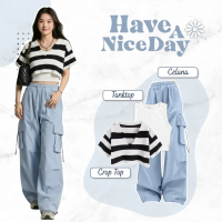 One Set Crop Setelan Celana Cargo Korean Style (Crop Top Wanita Korea Style + Tanktop Wanita Korean 