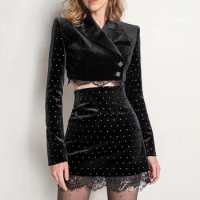 Tesco Women Black Skirt Sets Velvet Blazer+High Waist Short Skirt Spring For Office Lady Elegant Lace Spliced Female Suit Set