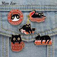 Cat Mom Club Enamel Pins Custom Sleeping Black Kitten Coffee Books Brooches Lapel Badges Dream Life With Cat Jewelry Gift