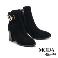 【MODA Moday】時尚品味金屬方釦帶羊麂皮高跟短靴(黑)
