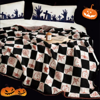 YIRUIO Kawaii Cartoon Halloween Pattern Throw Blanket Checkerboard Plaid Design Downy Fluffy Soft Spider Pumpkin Ghost Blankets