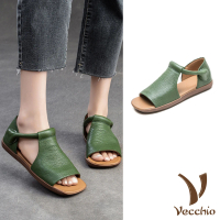 預購 Vecchio 真皮涼鞋 平底涼鞋/真皮頭層牛皮舒適寬楦復古平底涼鞋(綠)