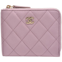 CHANEL 經典雙C LOGO菱格粒紋牛皮L型拉鍊短夾(粉紅色)