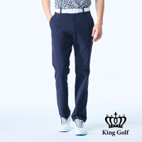 【KING GOLF】門市新品-男款超彈力舒適英文繡花素面休閒高爾夫球長褲(深藍)