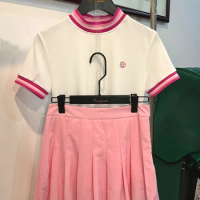 Golf Clothing Set Quick Drying Slim Fit Tops Skort Korean Short Sleeved Stripe Round Neck T-shirt for Women Pleats Skirt