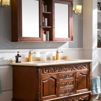 Solid Wood Bathroom Cabinet Red Oak Washstand Double Basin Mirror Cabinet Washbasin Cabinet