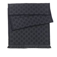 【Gucci】GG Logo 標誌及素面方格雙面可用羊毛圍巾(午夜藍/深灰)