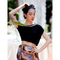練功服通勤單品吸汗個性顯瘦新肚皮舞原創莫代爾上衣肚皮舞東方舞-黑色 S