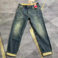 99% Cotton Selvedge Stretch Denim Jeans for Men Vintage Distressed 502 Washed Autumn Casual Tapered Straight Pants High Quality