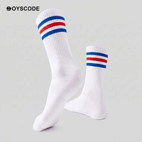 BOYSCODE Kaos Kaki Panjang Old School Garis 3 Unisex Pria Wanita Putih Stripe Biru Merah / Crew Sock