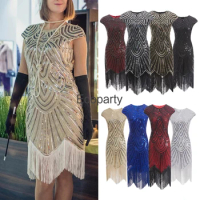Women 1920s Flapper Dress Great Gatsby Dress O-Neck Sleeveless Sequin Embroidered Tiered Fringe Dresses Vintage Party Vestidos