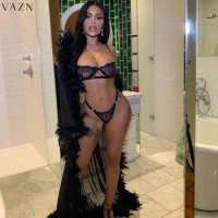 VAZN 2022 New Parity See Through Lace Sexy Lingerie Solid Young Open Metal Chain + Underwears Skinny Women 2 Piece Sets